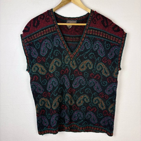 Vintage Wool Paisley Knit Sweater Vest Sleeveless Top Made in England - Picture 1 of 6